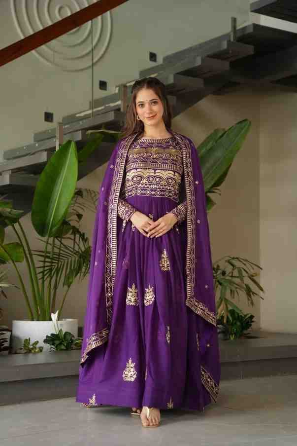 Premium Purple Chinnon Embroidered Gown with Dupatta